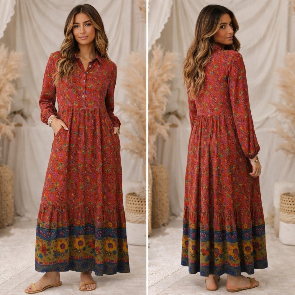 Natural Life Boho Peasant Cottagecore Floral Tiered Long Sleeve Maxi Dress Small